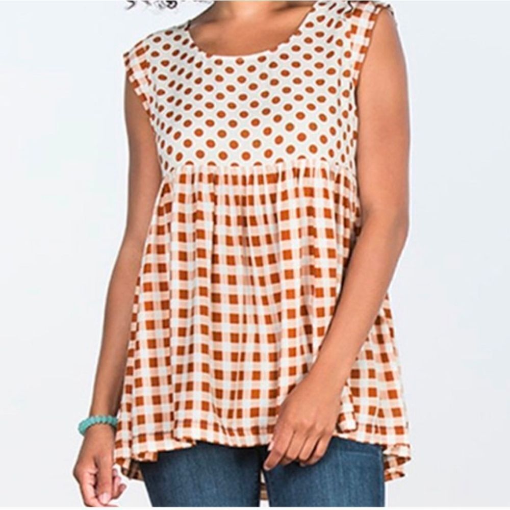 Matilda Jane polka dot & Gingham babydoll tank size M cream brown NWT
